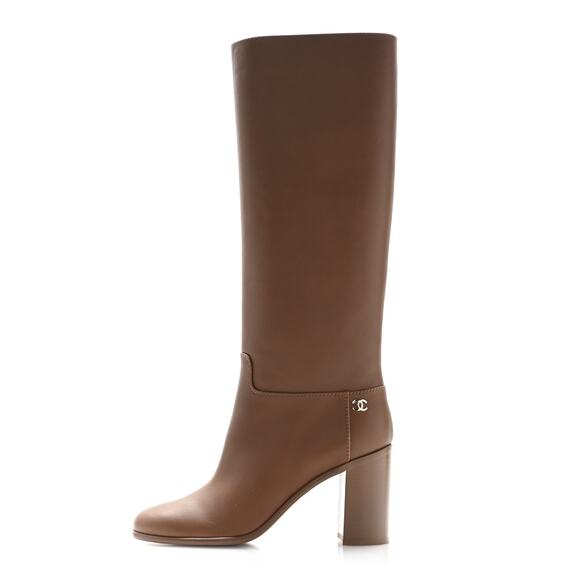 Chanel Brown Calfskin CC Logo Pull On Tall Heels Knee High Boots Size 42 - Picture 1 of 9